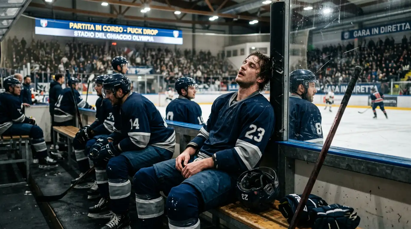 Müder Eishockey-Spieler auf der Bank mit Spielplan im Hintergrund