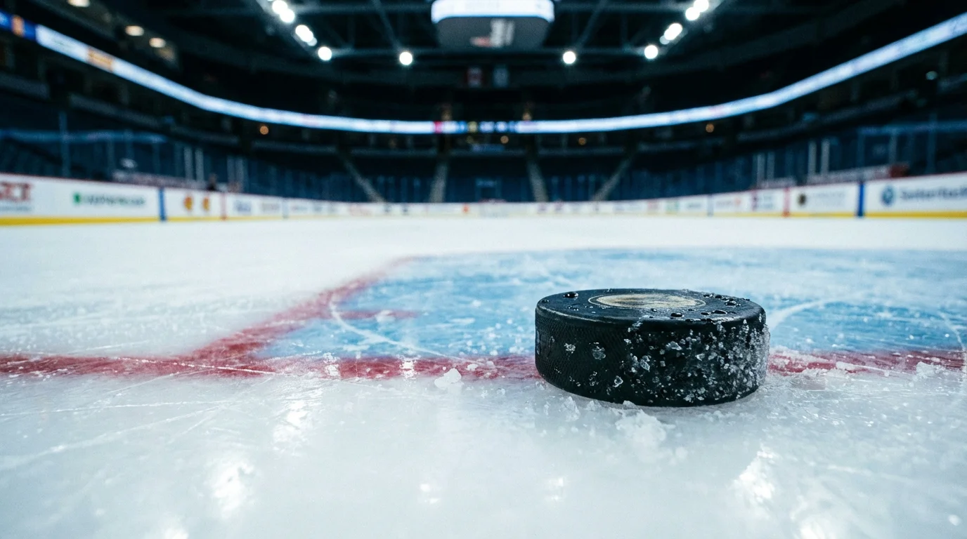 Eishockeytor mit Puck und Schiedsrichter auf dem Eis während eines Spiels