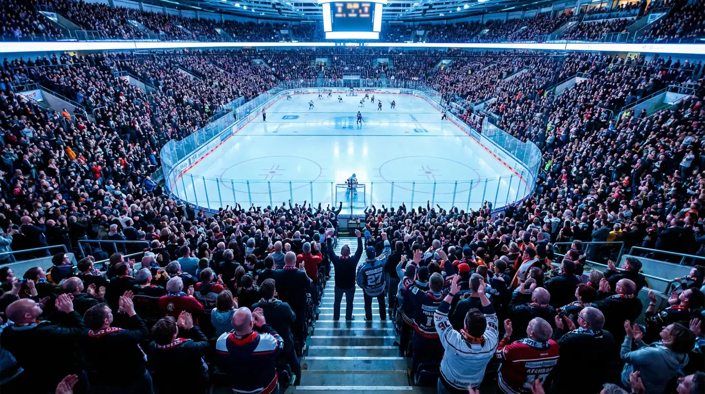 Eishockey-Arena mit Fans und Flutlicht während eines DEL-Spiels