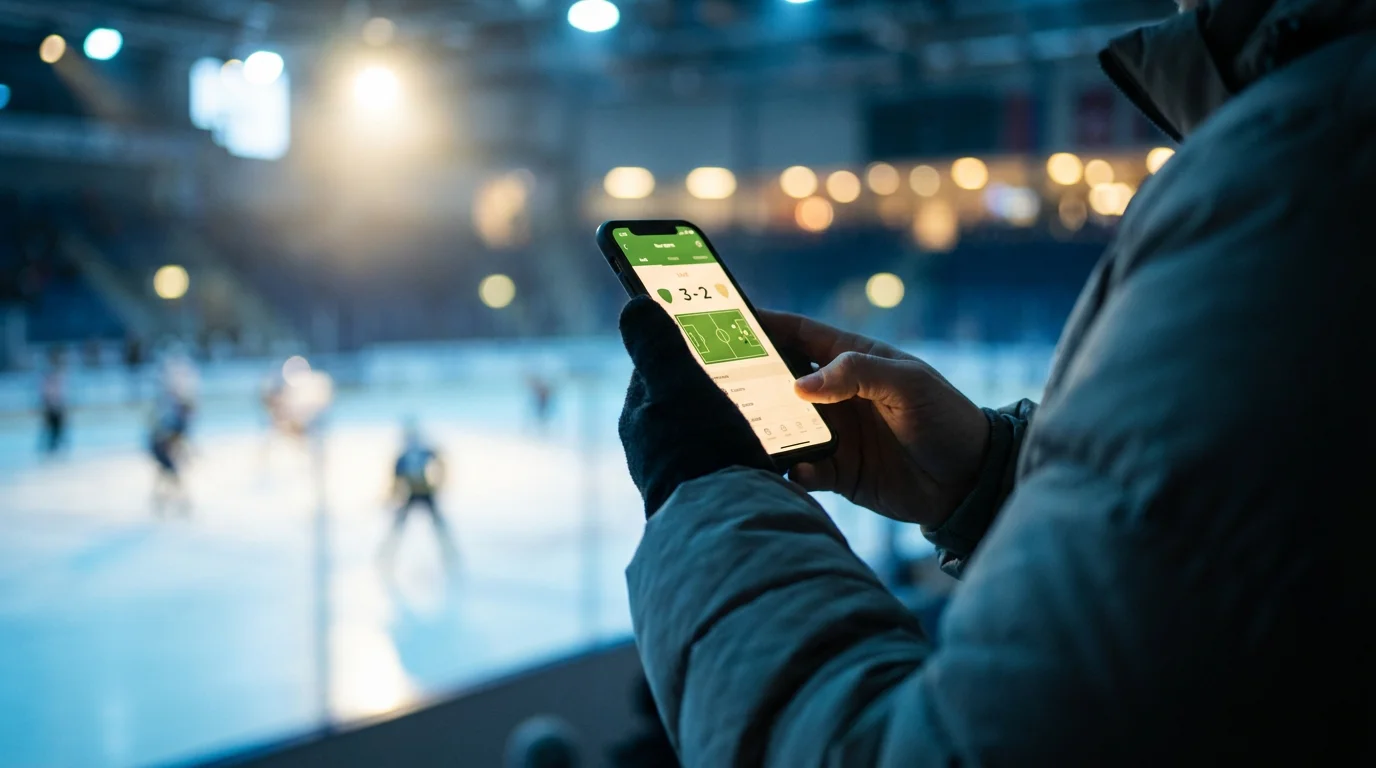 Fan verfolgt ein Eishockeyspiel live auf dem Smartphone in einer Arena