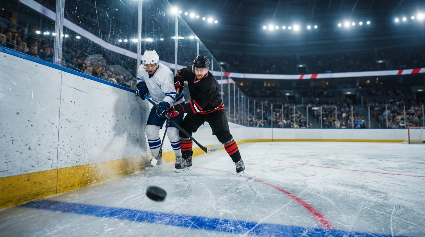 Eishockey-Spielszene mit zwei Mannschaften auf dem Eis während eines Spiels