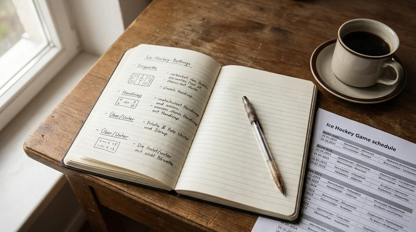 Übersicht der Eishockey-Wettarten mit Siegwette, Handicap und Über/Unter auf einem Notizblock