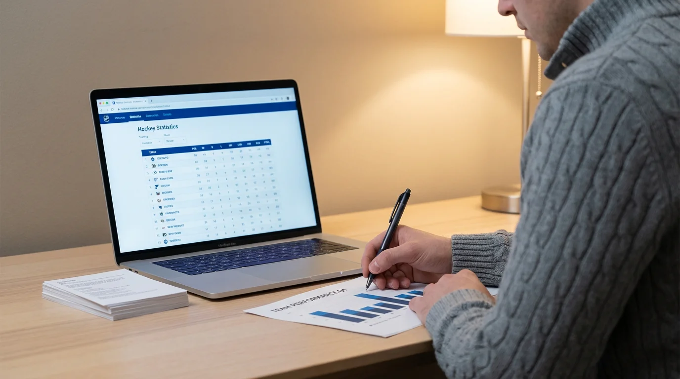 Person analysiert Eishockey-Statistiken am Laptop mit Notizen und Stift