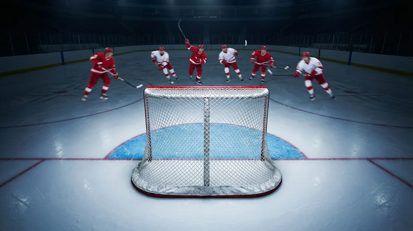 Leeres Eishockey-Tor ohne Torwart in der Schlussphase eines Spiels