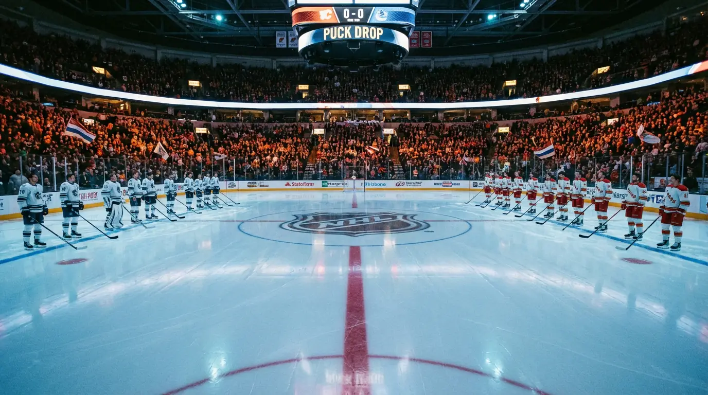 Eishockey-Spielfeld zu Beginn des ersten Drittels mit frischem Eis