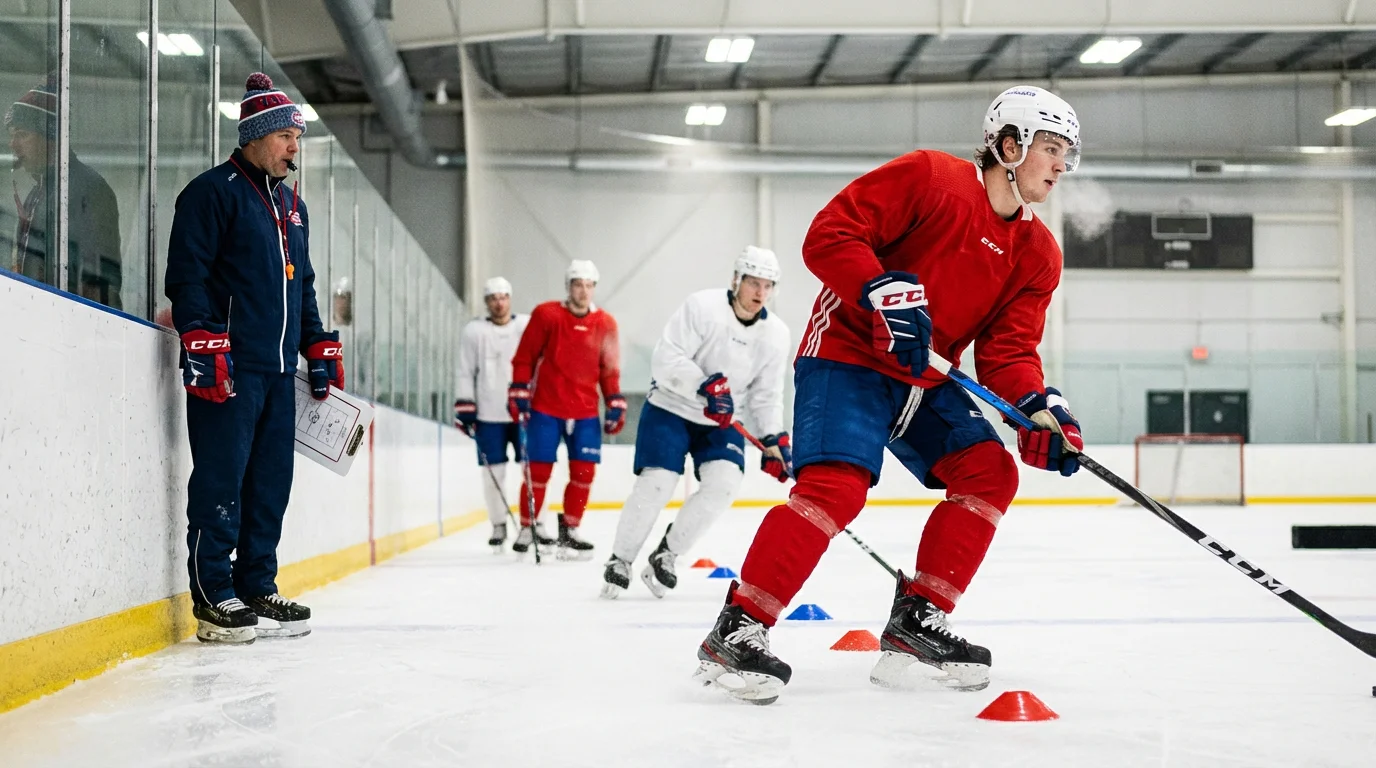 Eishockey-Mannschaft beim Training auf dem Eis mit Statistiktafel
