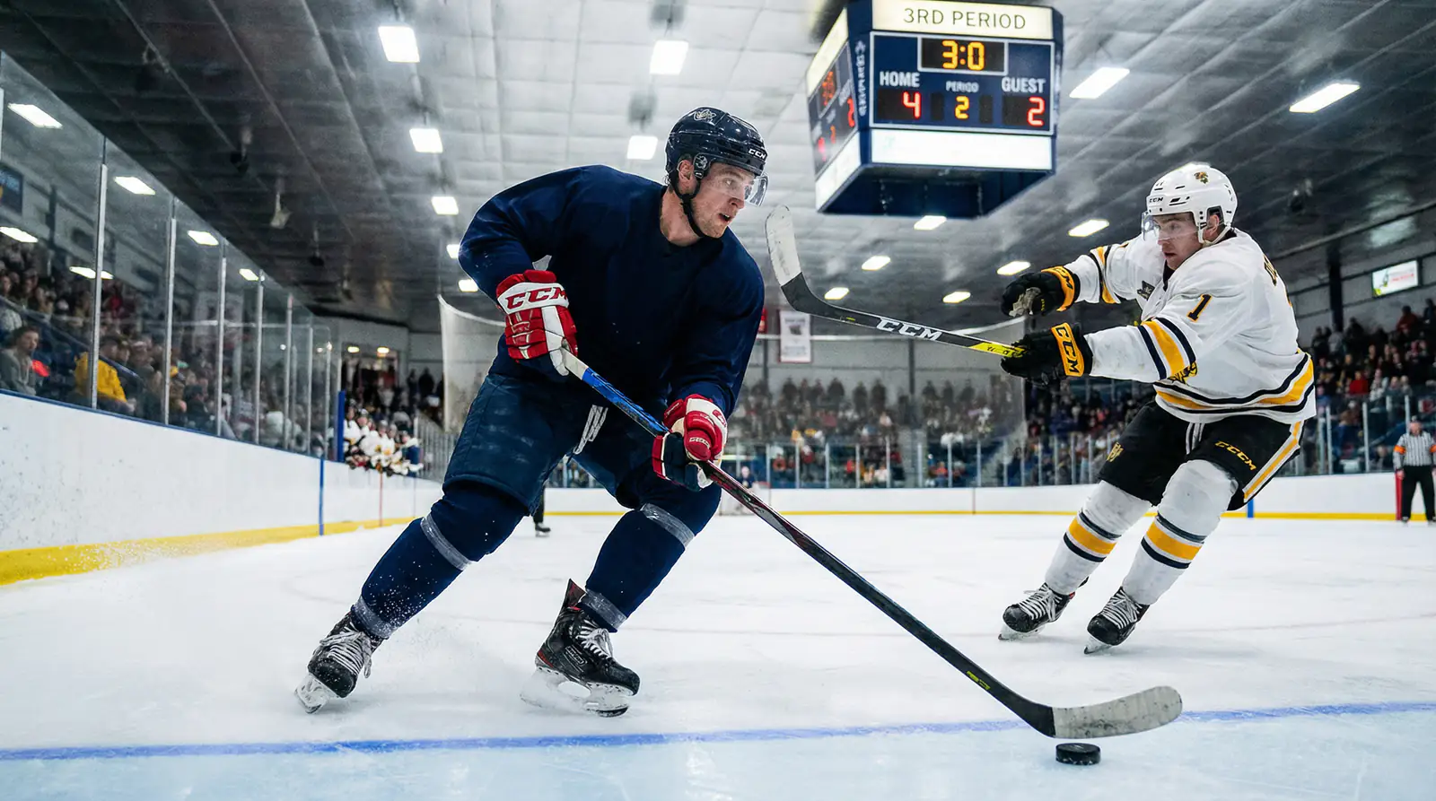 Eishockey-Spieler auf dem Eis mit Puckline-Anzeige am Spielfeldrand