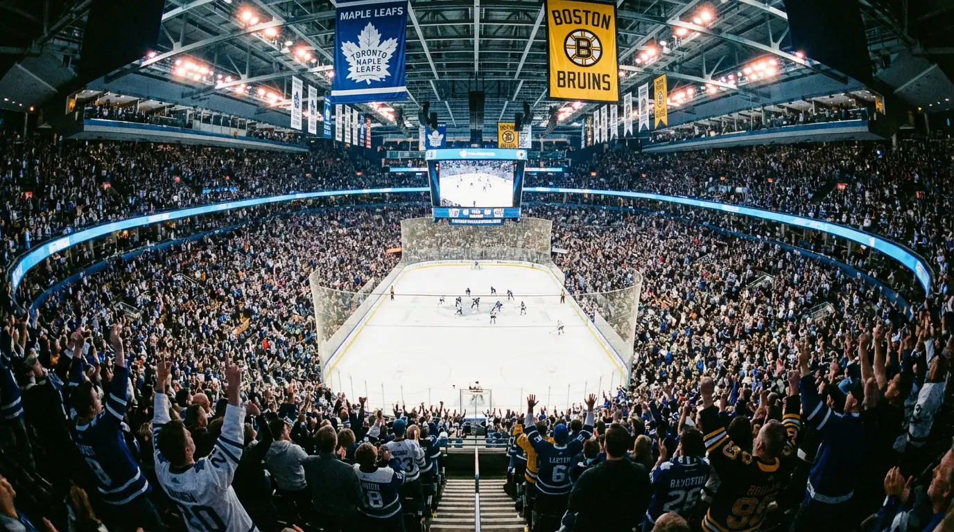 Volle Eishockey-Arena mit jubelnden Zuschauern bei einem Heimspiel