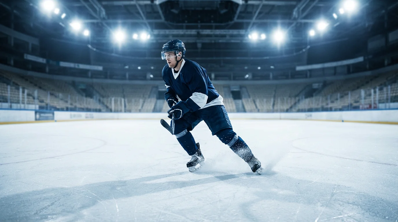 Eishockeyspieler auf dem Eis unter Flutlicht in einer Arena mit dramatischer Beleuchtung