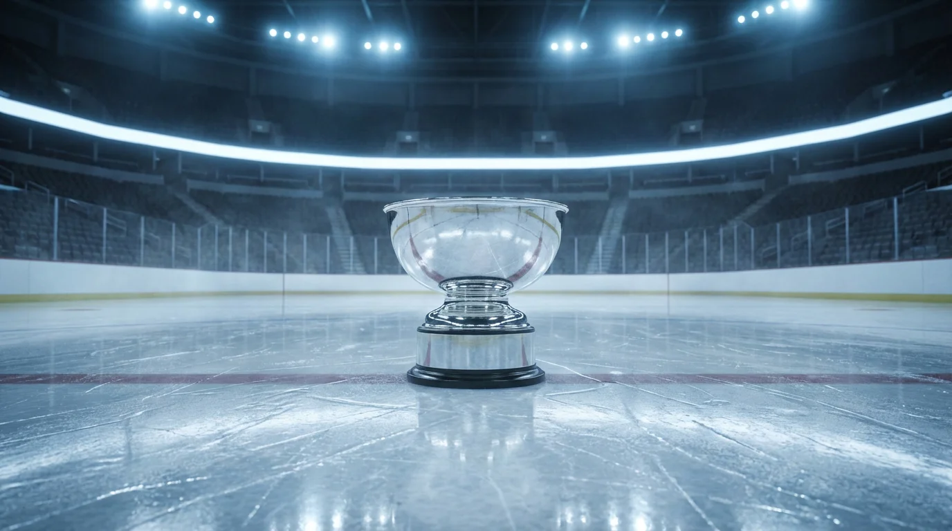 Stanley-Cup-Pokal auf einer Eisfläche mit Stadionlicht im Hintergrund