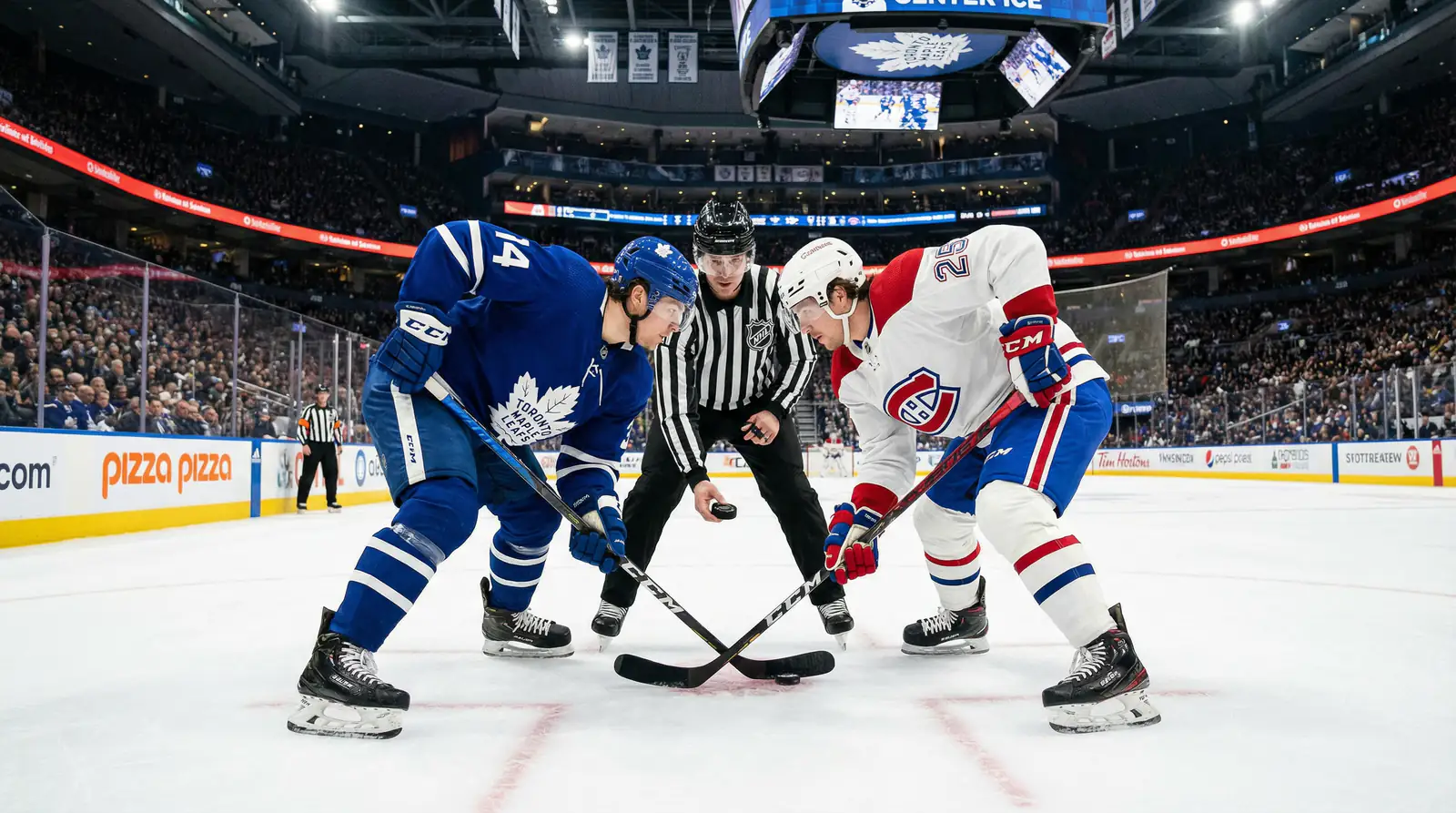 NHL-Eishockeyspieler bei einem Bully auf dem Eis in voller Ausrüstung
