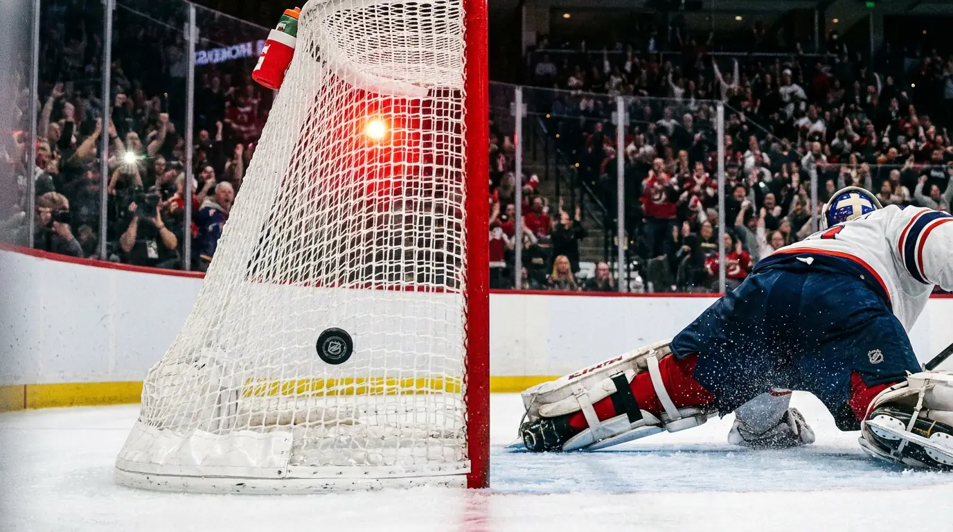 Eishockey-Tor mit Puck im Netz und Anzeigetafel im Hintergrund